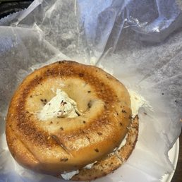 Sesame bagel with garlic chive cream cheese Sesame bagel with garlic chive cream cheese