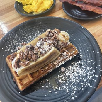 Wafflelicious - Banana bread waffle W/ scrambled eggs and bacon - Waffles Near Me - New Braunfels, Texas