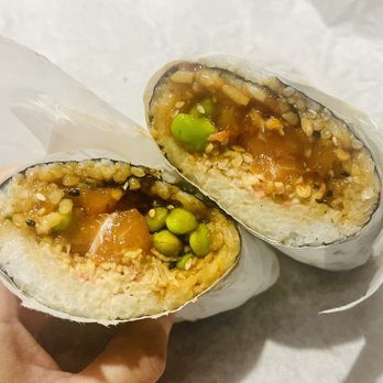 PokiTomik - Sushi burrito: Salmon, sweet salmon, edamame, crab meat, garlic ponzu, eel sauce - Poke Near Me - Glendale, California