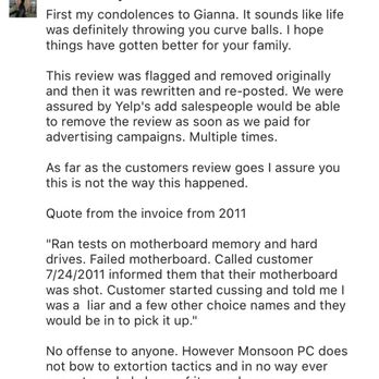 Monsoon PC - Second paragraph speaks volumes. Let's pay to remove a true and accurate review, be it negative or not. - IT Services & Computer Repair Near Me - Sierra Vista, Arizona