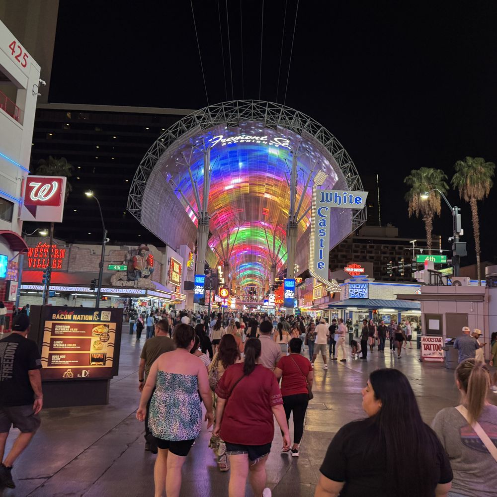 Fremont Street Experience - 'Entrance' where the covered area starts and zip lines begin of Freemont - Casinos Near Me - Las Vegas, Nevada Fremont Street Experience - 'Entrance' where the covered area starts and zip lines begin of Freemont - Casinos Near Me - Las Vegas, Nevada
