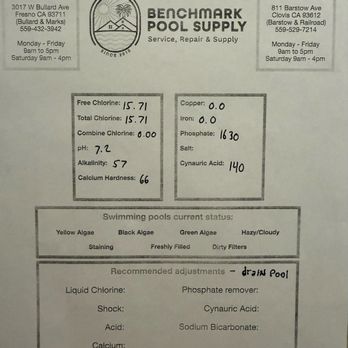 Valley Pool Service - Results of pool water sample by Benchmark Pool Supply. - Pool Cleaners Near Me - Fresno, California Valley Pool Service - Results of pool water sample by Benchmark Pool Supply. - Pool Cleaners Near Me - Fresno, California