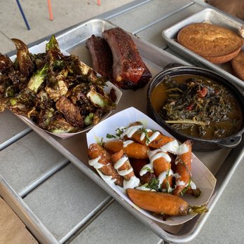 Feges BBQ - Moroccan Spiced Carrots, Sweet & Spicy Sprouts, Ribs, Spicy Korean Greens - Barbeque Near Me - Houston, Texas
