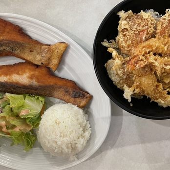 Kiku Ya - Salmon shioyaki and shrimp tendon - Japanese Near Me - Kaneohe, Hawaii Kiku Ya - Salmon shioyaki and shrimp tendon - Japanese Near Me - Kaneohe, Hawaii