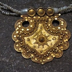 Indigo Paia - 18k. antique gold pendent on basra pearl strands