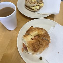 Hole In 1 Bagels - Lox bagel with Asiago and pastrami/egg bagel (everything bagel)