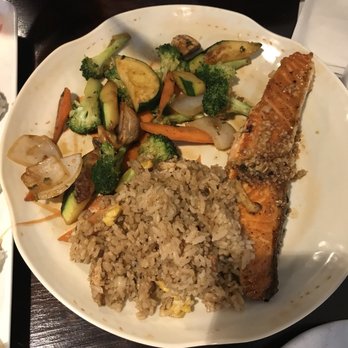 Fuji Sushi - Hibachi Salmon (L) with fried rice - Sushi Bars Near Me - Katy, Texas Fuji Sushi - Hibachi Salmon (L) with fried rice - Sushi Bars Near Me - Katy, Texas