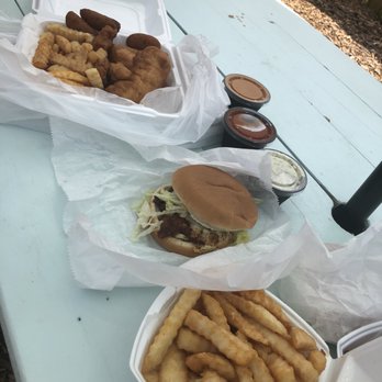 John's Drive In - Dolphin Platter with Fries and Hushpuppies and Crabcake - Burgers Near Me - Kitty Hawk, North Carolina