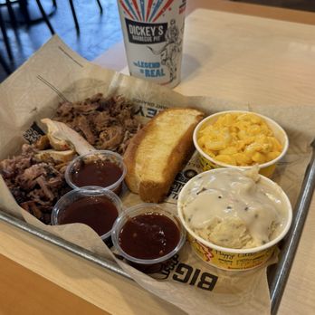 Dickey's Barbecue Pit - 3 meat plate with mashed potatoes, Mac-n-cheese, Texas toast, pulled pork, brisket and chicken - Barbeque Near Me - Beckley, West Virginia Dickey's Barbecue Pit - 3 meat plate with mashed potatoes, Mac-n-cheese, Texas toast, pulled pork, brisket and chicken - Barbeque Near Me - Beckley, West Virginia