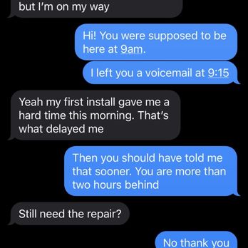 Jeremiahs Autoglass - Poor customer service. Please reference the time of his text message. - Windshield Installation & Repair Near Me Jeremiahs Autoglass - Poor customer service. Please reference the time of his text message. - Windshield Installation & Repair Near Me