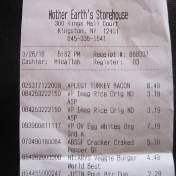 Mother Earth's Storehouse - Over priced turkey bacon by $1.10 compared to other organic markets.  First item on receipt. - Health Markets Near Me - Kingston, New York