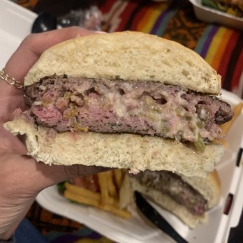 Del Charro - Inside of the Stuffed Green Chile Cheese Burger - Bars Near Me - Santa Fe, New Mexico Del Charro - Inside of the Stuffed Green Chile Cheese Burger - Bars Near Me - Santa Fe, New Mexico