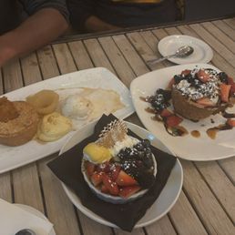 Deserts - l- r pecan cake, praline basket n crème brûlée
