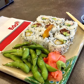 Edo Japan - Happi Platter... Dynamite Roll, Beef Roll, California Roll and edamame - Japanese Near Me - Edmonton, Alberta Edo Japan - Happi Platter... Dynamite Roll, Beef Roll, California Roll and edamame - Japanese Near Me - Edmonton, Alberta