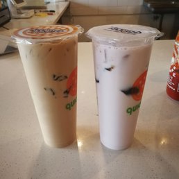 Black milk tea with grass jelly and taro Jasmine tea . I don't like fake taro so I don't know why I pick it