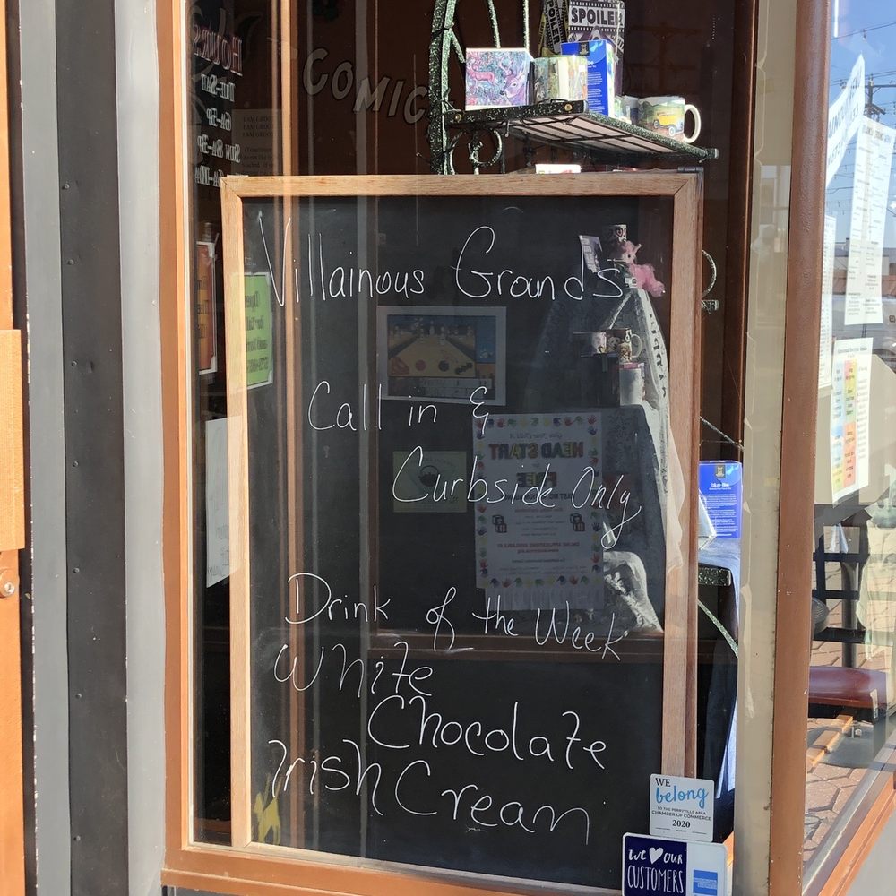 Villainous Grounds - a sign in the window of a coffee shop - Coffee & Tea Near Me - Perryville, Missouri Villainous Grounds - a sign in the window of a coffee shop - Coffee & Tea Near Me - Perryville, Missouri