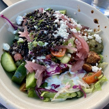 CAVA - Greens and Grains Bowl with Spicy Lamb Meatballs and Harissa Honey Chicken - Mediterranean Near Me - Pasadena, California