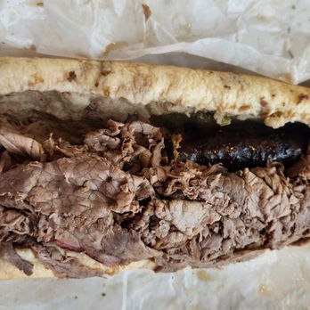 Portillo's Clermont - Italian Beef and Sausage Sandwich Dipped (Big Size) - Hot Dogs Near Me - Clermont, Florida Portillo's Clermont - Italian Beef and Sausage Sandwich Dipped (Big Size) - Hot Dogs Near Me - Clermont, Florida