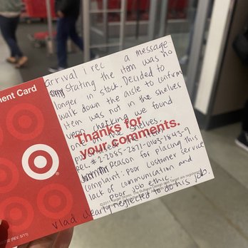 Target - Back side of complaint card. - Department Stores Near Me - Oceanside, California