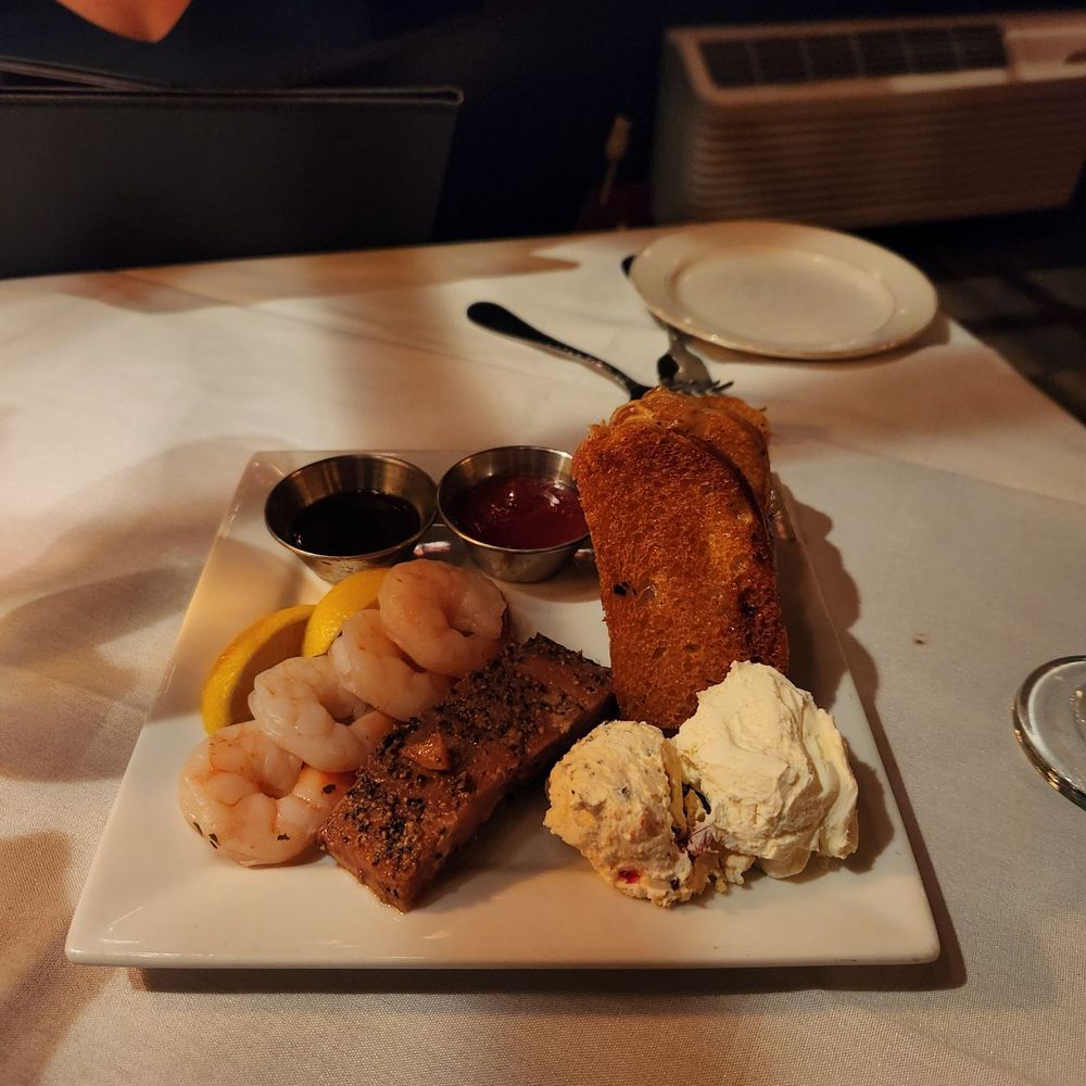 "Appetizer for 2" - Smoked salmon, shrimp with cocktail sauce, toast points generously lathered in butter, goat and cream cheese spread