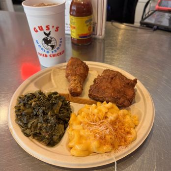 Gus's World Famous Fried Chicken - Austin - 2 Chicken (Dark) with Greens & Mac and Cheese. AMAZING. - Southern Near Me - Austin, Texas
