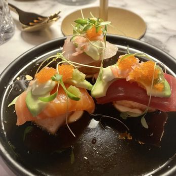 ELDO - Crispy rice nigiri with one each of salmon, tuna, hamachi - Seafood Near Me - El Dorado Hills, California ELDO - Crispy rice nigiri with one each of salmon, tuna, hamachi - Seafood Near Me - El Dorado Hills, California