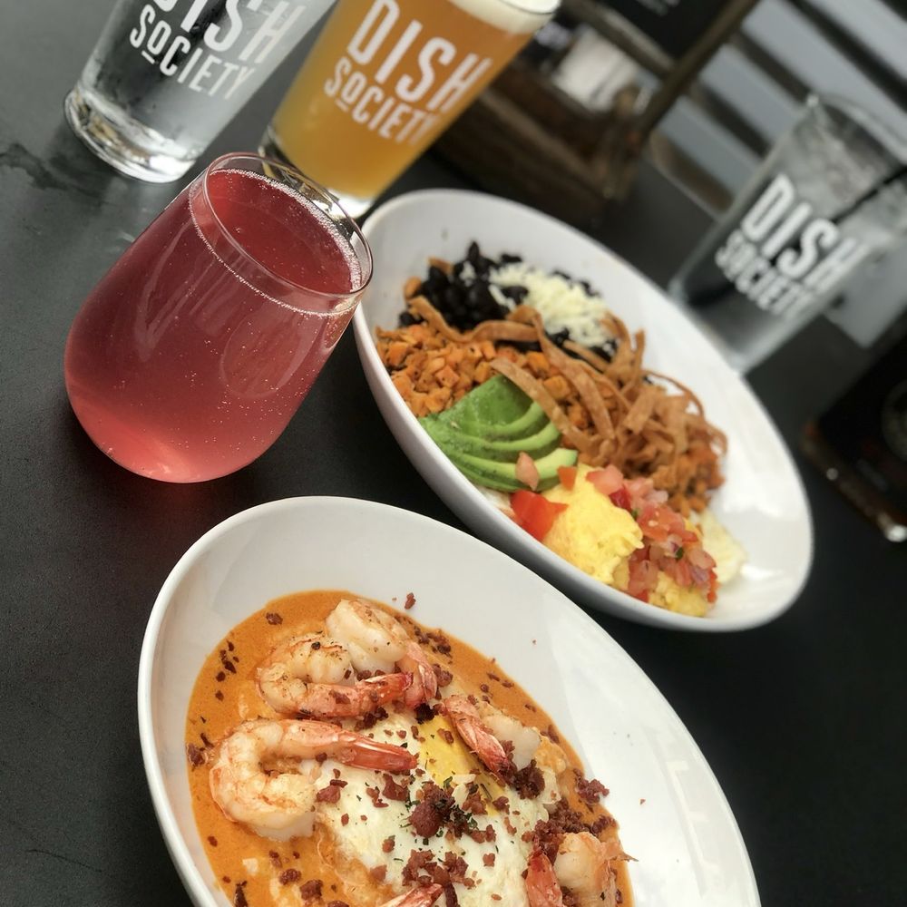 Dish Society - Shrimp & Grits, Southwest Scramble, & a Prickly Pear Mimosa - New American Near Me - Houston, Texas