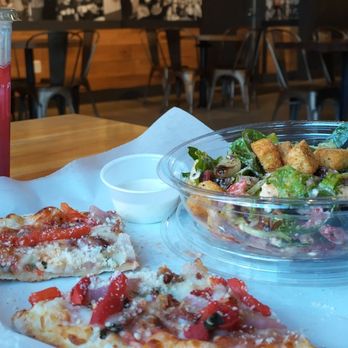 MOD Pizza - The Dylan James Pizza with bacon, onion & roasted red peppers,salad with tomato vinaigrette & blackberry lemonade. Yum! - Fast Food Near Me - Indian Trail, North Carolina MOD Pizza - The Dylan James Pizza with bacon, onion & roasted red peppers,salad with tomato vinaigrette & blackberry lemonade. Yum! - Fast Food Near Me - Indian Trail, North Carolina