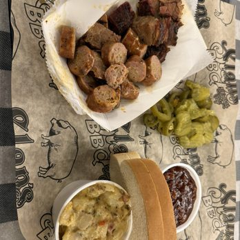 Slap's BBQ - BBQ sampler platter.  Smoked sausage and Burnt ends with baked beans & a warm potato salad. - Barbeque Near Me - Kansas City, Kansas
