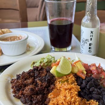 Café Capistrano - chorizo plate, sikil pak (pumpkin seed dip), jamaica (hibiscus drink), and xni pec hot sauce - American Near Me - Half Moon Bay, California