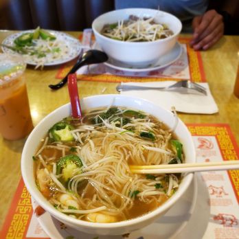 Golden Pho - Shrimp pho, rare steak pho, thai tea, and chicken steamed dumplings. Our first time here good flavor. - Chinese Near Me - Norwalk, California