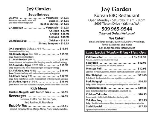 Menu photo 2 Joy Garden Korean BBQ Restaurant Yakima, WA Menu photo 2 Joy Garden Korean BBQ Restaurant Yakima, WA