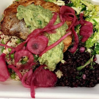 Little Beet - Seared salmon with shaved Brussels sprouts, quinoa with radish and peas, lentil w beet, avocado bean dip and picked onions. - Gluten-Free Near Me - New York, New York Little Beet - Seared salmon with shaved Brussels sprouts, quinoa with radish and peas, lentil w beet, avocado bean dip and picked onions. - Gluten-Free Near Me - New York, New York