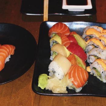 Ronin Sushi - Left: Salmon Nigiri  Middle: Rainbow Roll Right: Spicy California Roll - Japanese Near Me - Royal Oak, Michigan