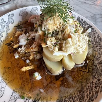 Två Små Svin - Smørrebrød - Shrimp in browned butter: egg, potato, dill, horse radish, and red onion - Open Sandwiches Near Me - Stockholm, Alberta Två Små Svin - Smørrebrød - Shrimp in browned butter: egg, potato, dill, horse radish, and red onion - Open Sandwiches Near Me - Stockholm, Alberta