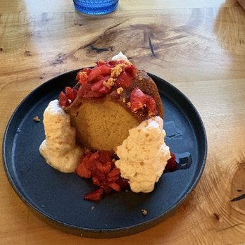Lion and Owl - Warm butter cake with strawberries and whipped cream. - Breakfast & Brunch Near Me - Eugene, Oregon