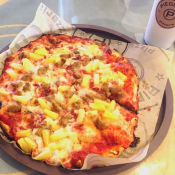 Pieology Pizzeria - Pineapple, Sausage, and Bacon on a marinara sauce. - Pizza Near Me - Walnut, California Pieology Pizzeria - Pineapple, Sausage, and Bacon on a marinara sauce. - Pizza Near Me - Walnut, California