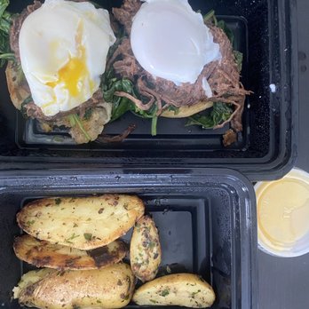 Ouisie's Table - Beef Benedict with potatoes - New American Near Me - Houston, Texas