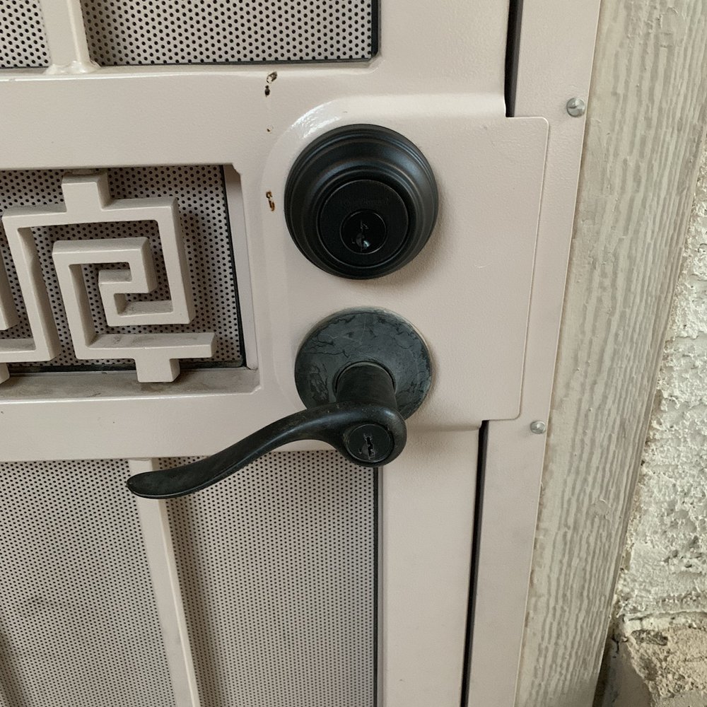 Top is the new lock Mordy installed. He took the time and care to make sure the lock matched.