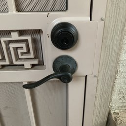 Top is the new lock Mordy installed. He took the time and care to make sure the lock matched. Top is the new lock Mordy installed. He took the time and care to make sure the lock matched.