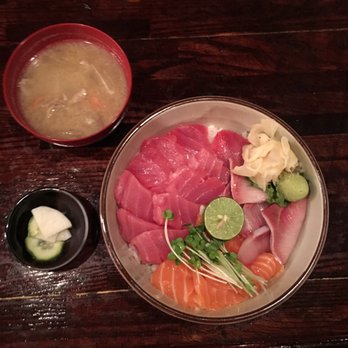 Kaoru - Special of the day with medium fatty tuna, salmon, hamachi. The pork soup is there also. - Japanese Near Me - New York, New York
