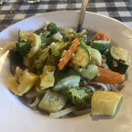 Vegan piatto- Linguine primavera basically. This is a half portion since we split and there are a lot of noodles under those vegetables.