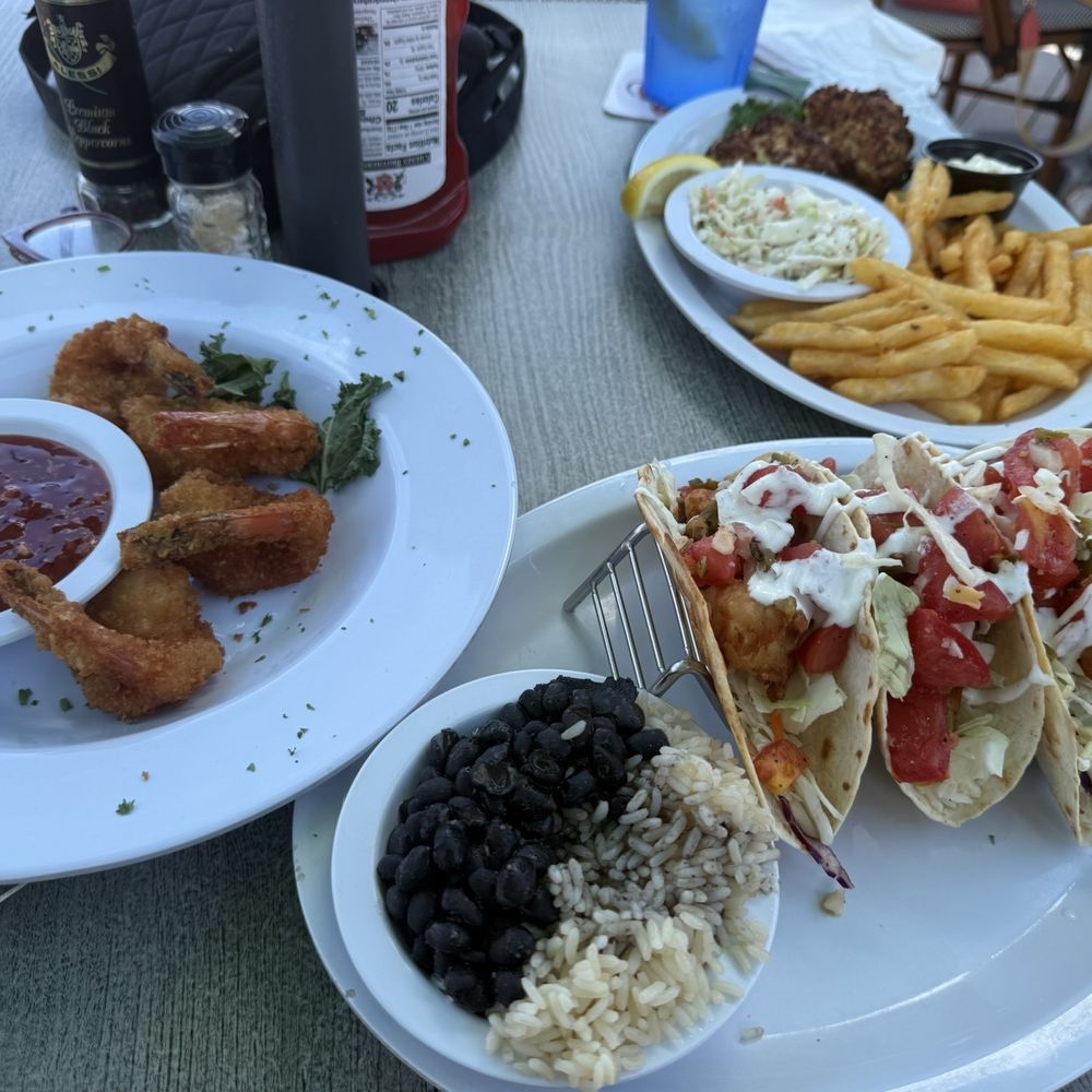 Crab cakes, coconut shrimp and tacos
