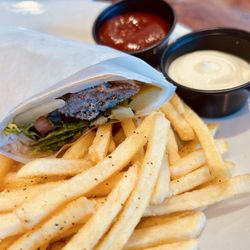 Sanabreh - Kofta Wrap: Grilled beef Kofta with veggies (comes with French fries, ketchup, & garlic sauce)