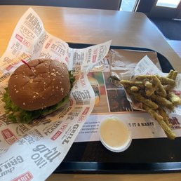 Veggie burger and tempura green beans