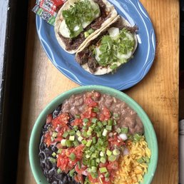 Rice and beans and Korean beef tacos!