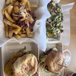 Curry fries, mock duck fries, bahn mi burger, vegan gothic topic burger