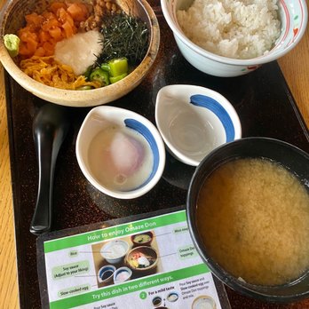 YAYOI - Omaze Don (おまぜ丼)- Salmon Sashimi, Okura, Tororo (Grated mountain yam), Natto, Egg, Seaweed, and Slow-cooked egg. Rice and miso soup - Japanese Near Me - Cupertino, California YAYOI - Omaze Don (おまぜ丼)- Salmon Sashimi, Okura, Tororo (Grated mountain yam), Natto, Egg, Seaweed, and Slow-cooked egg. Rice and miso soup - Japanese Near Me - Cupertino, California