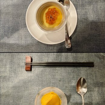 Sushi Shio - Japanese steamed egg custard chawanmushi (top), apricot sorbet (bottom) - Sushi Bars Near Me - San Francisco, California Sushi Shio - Japanese steamed egg custard chawanmushi (top), apricot sorbet (bottom) - Sushi Bars Near Me - San Francisco, California