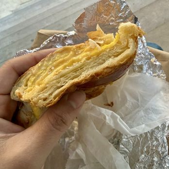 The Bagel Factory - 17th St - Inside view of egg and cheese croissant - Bagels Near Me - Brooklyn, New York The Bagel Factory - 17th St - Inside view of egg and cheese croissant - Bagels Near Me - Brooklyn, New York